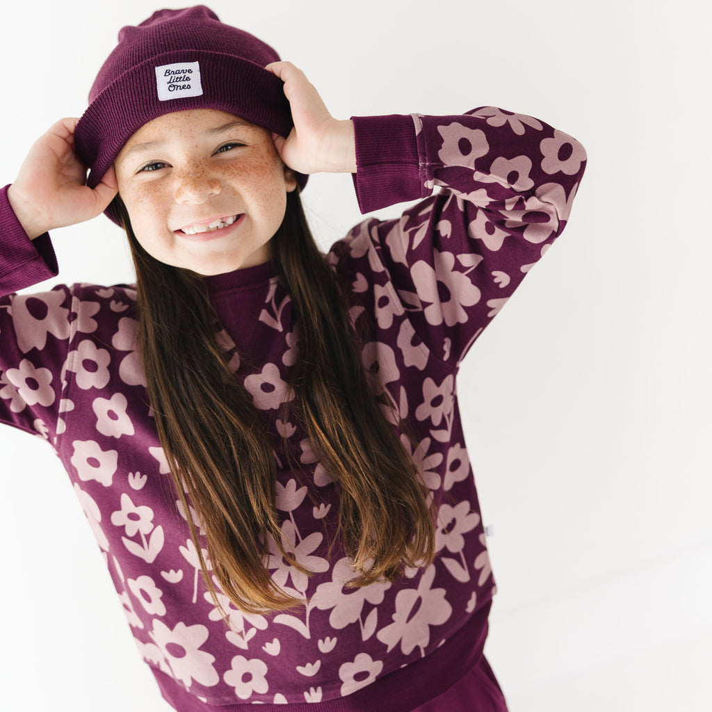 Deep Plum Floral Bamboo French Terry Pullover & Jogger Set