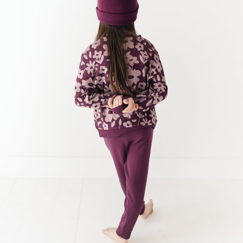 Deep Plum Floral Bamboo French Terry Pullover & Jogger Set