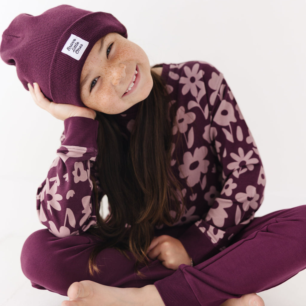Deep Plum Floral Bamboo French Terry Pullover & Jogger Set