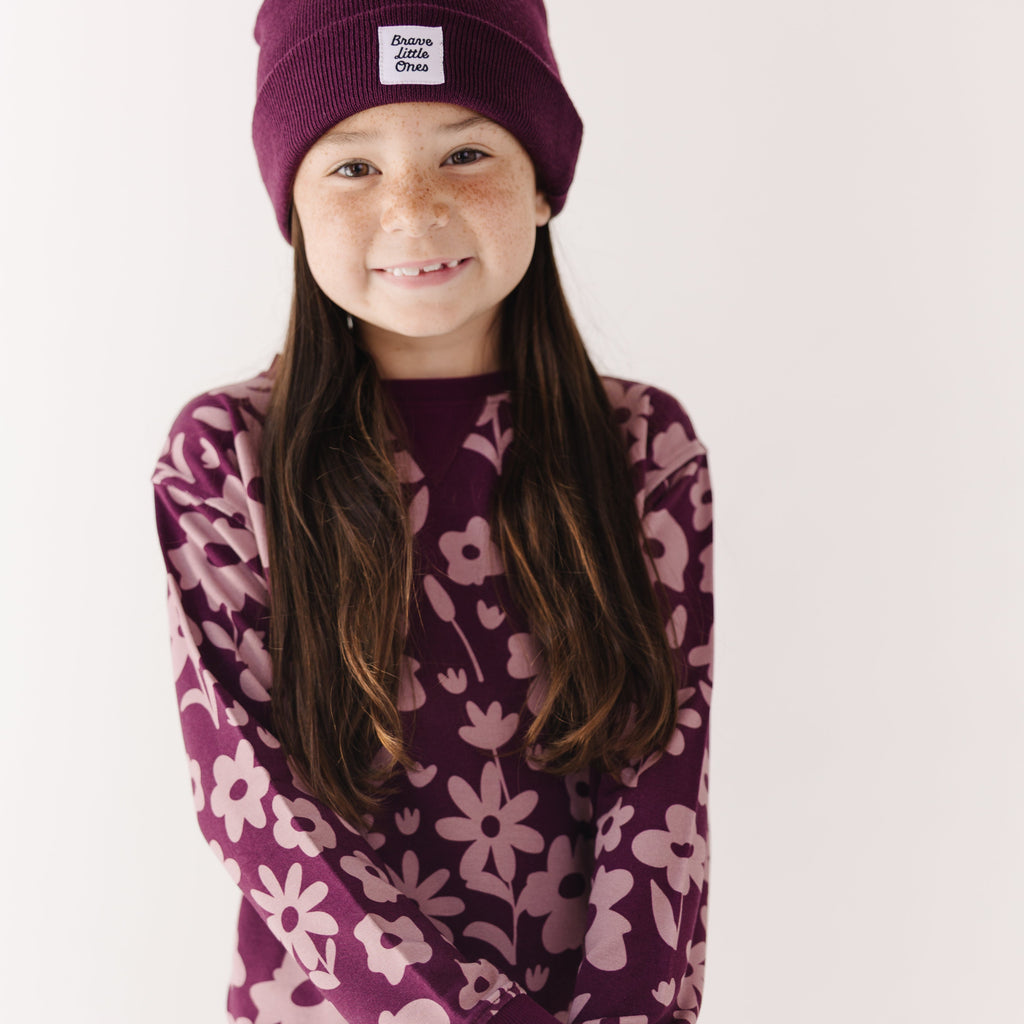 Deep Plum Floral Bamboo French Terry Pullover & Jogger Set