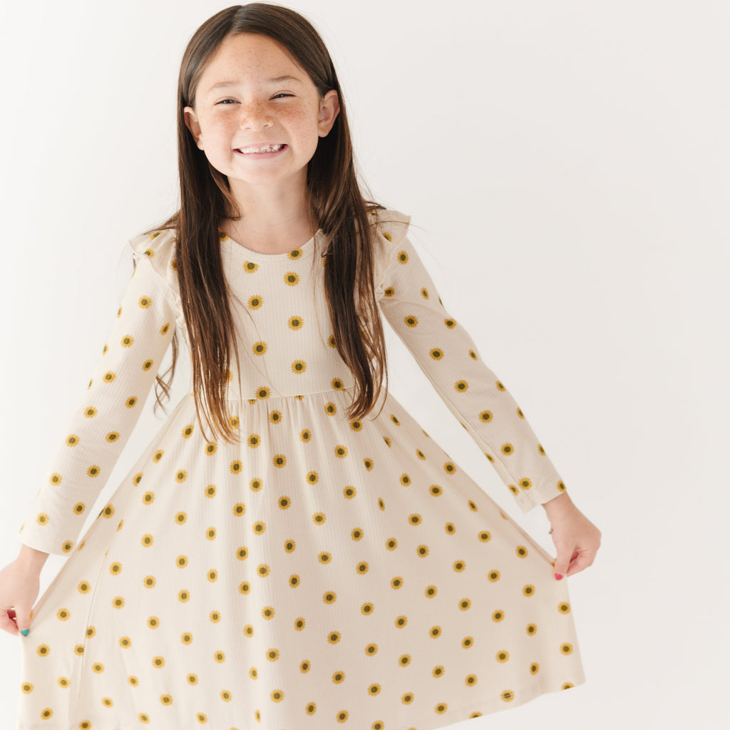 Sunflowers Small Ribbed Ruffle Long Sleeve Dress