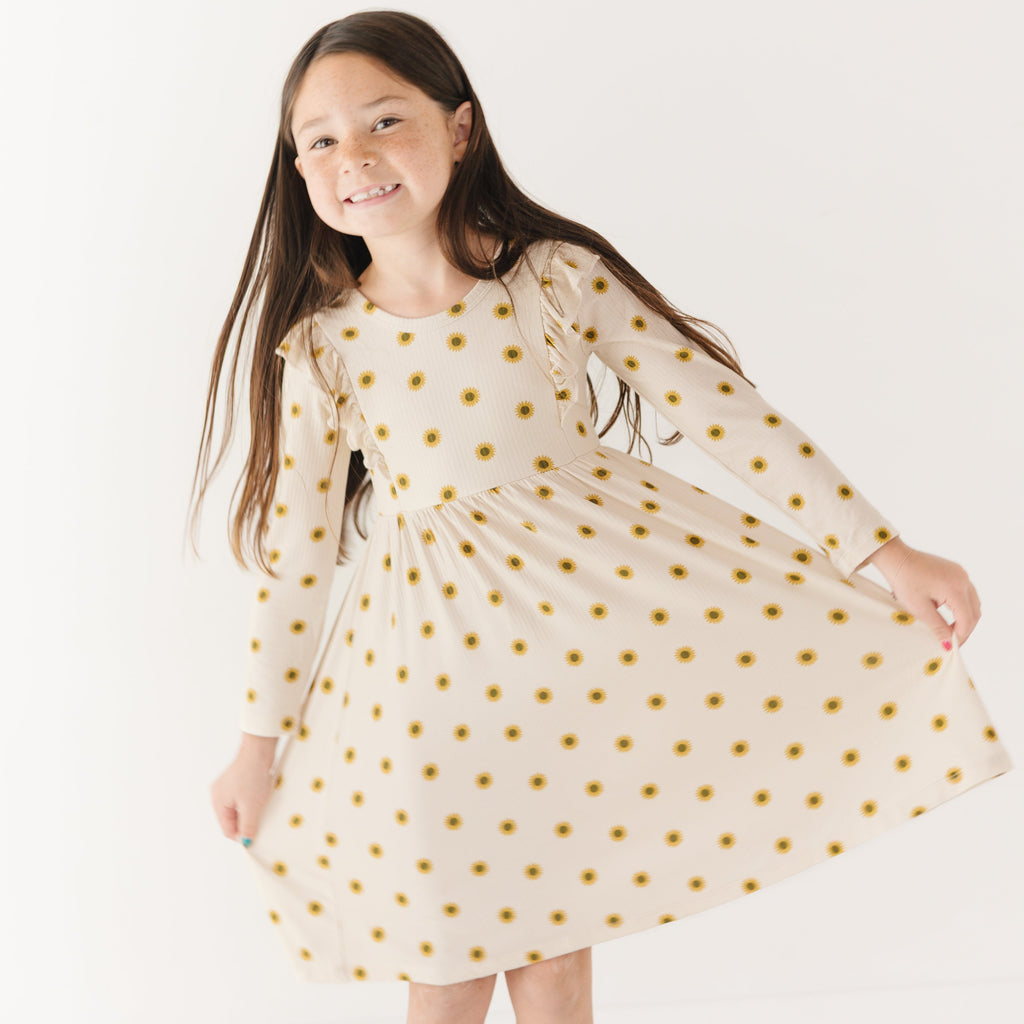 Sunflowers Small Ribbed Ruffle Long Sleeve Dress