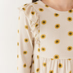 Sunflowers Small Ribbed Ruffle Long Sleeve Dress