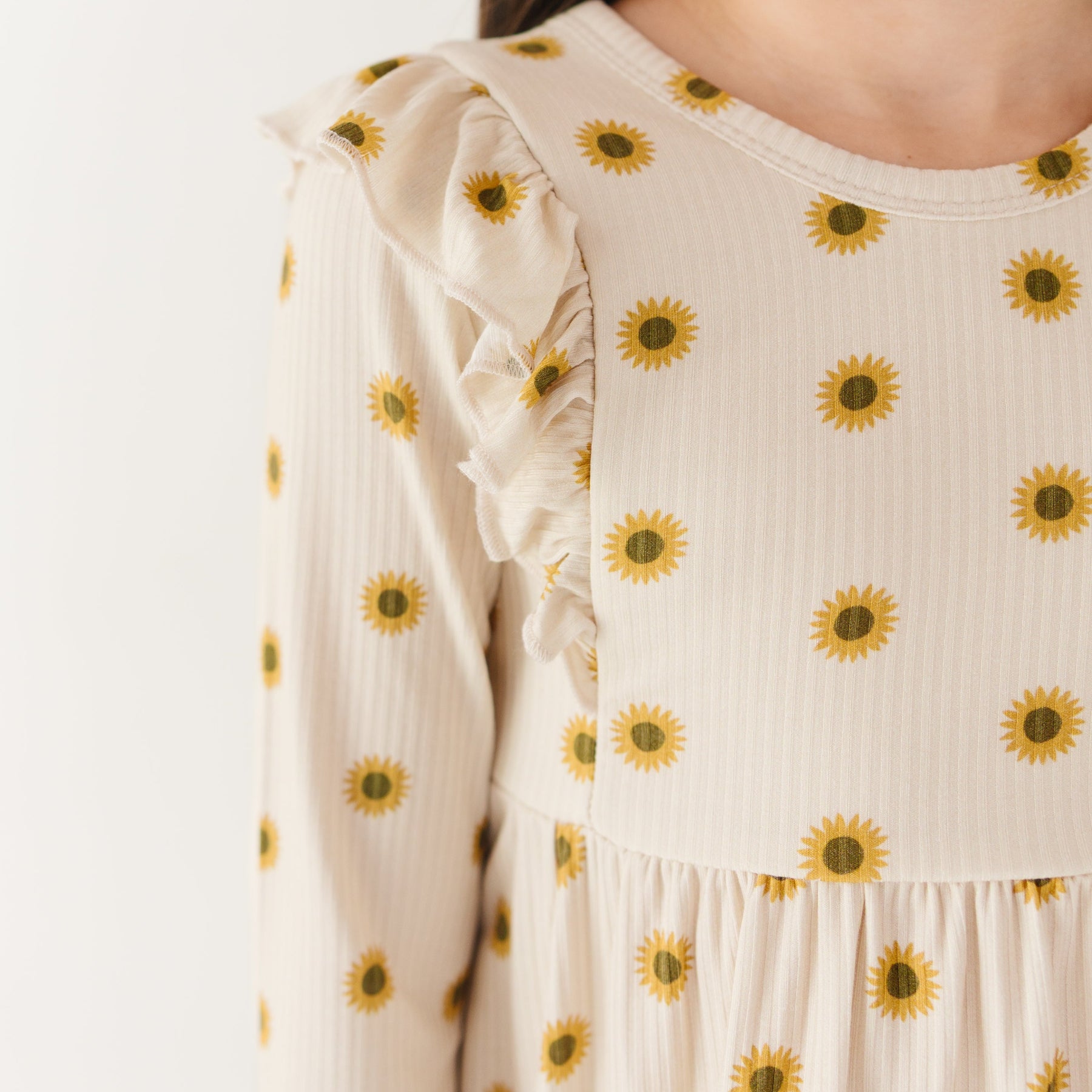 Sunflowers Small Ribbed Ruffle Long Sleeve Dress