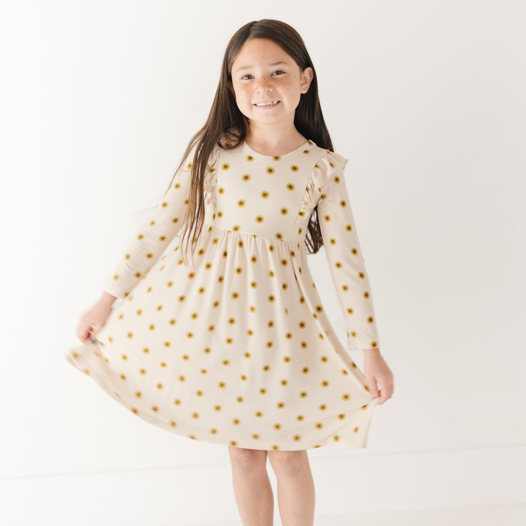 Sunflowers Small Ribbed Ruffle Long Sleeve Dress
