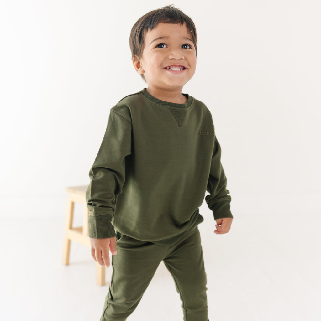 Olive with Brave Embroidered Bamboo French Terry Pullover