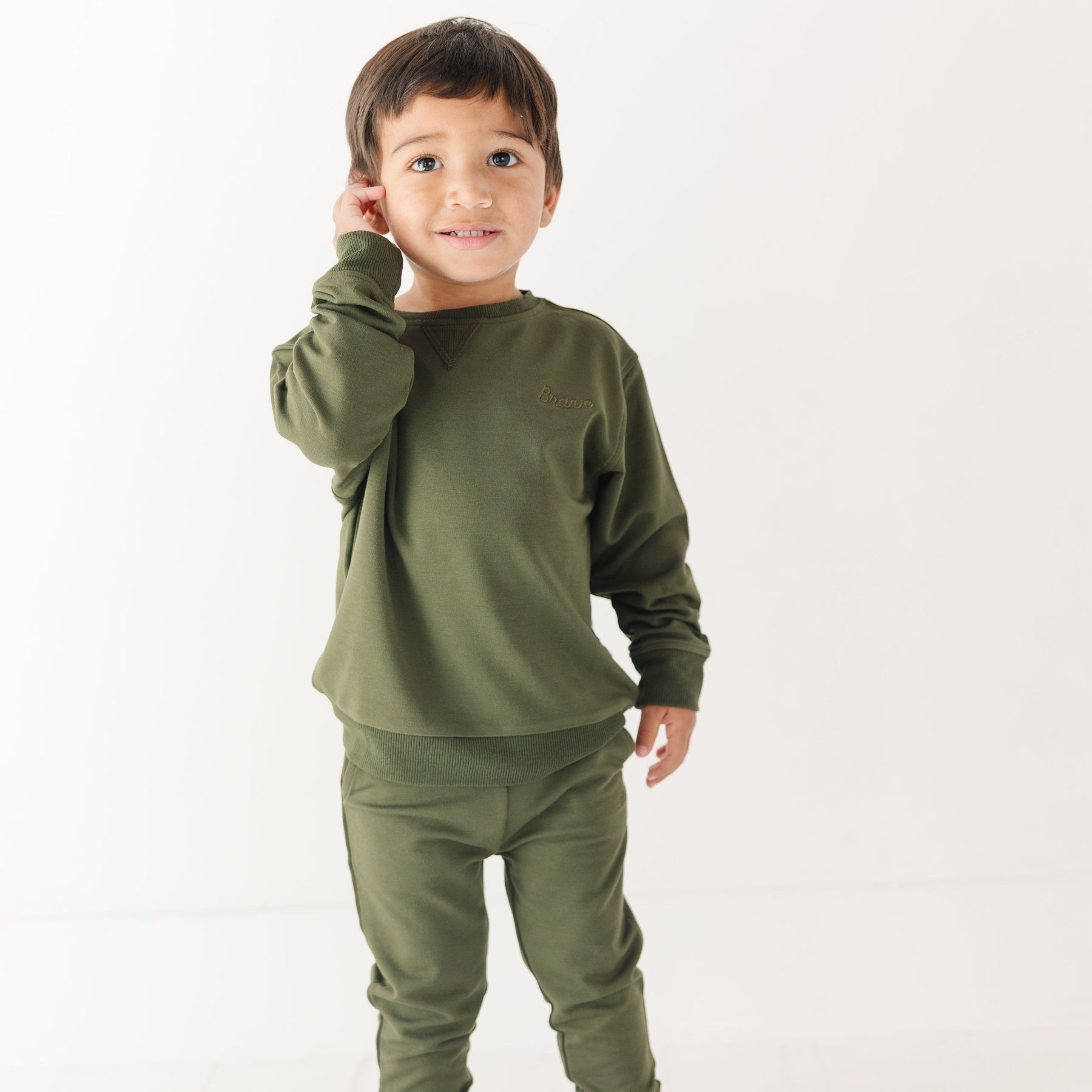 Olive with Brave Embroidered Bamboo French Terry Pullover