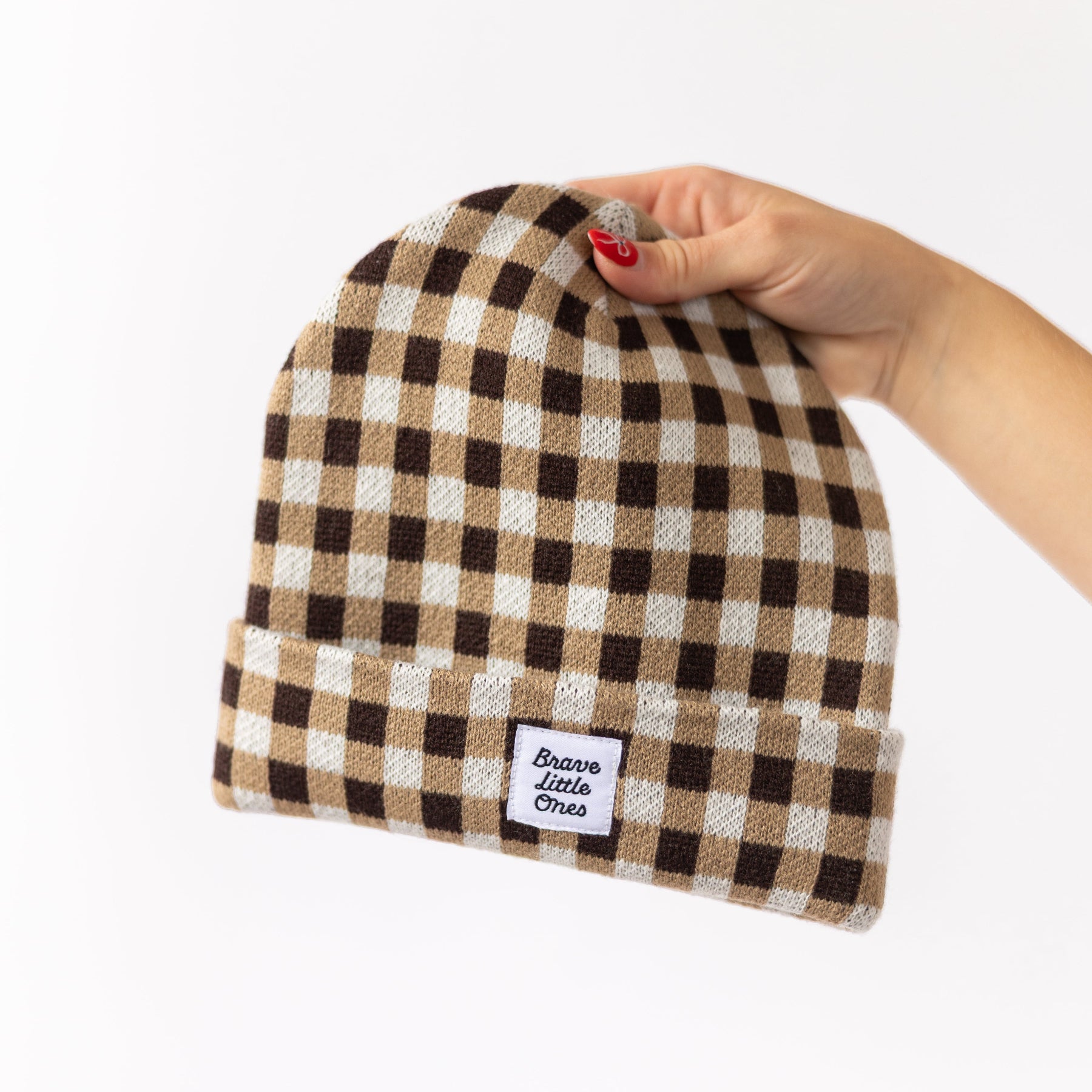 Dark Brown Gingham Knit Beanie