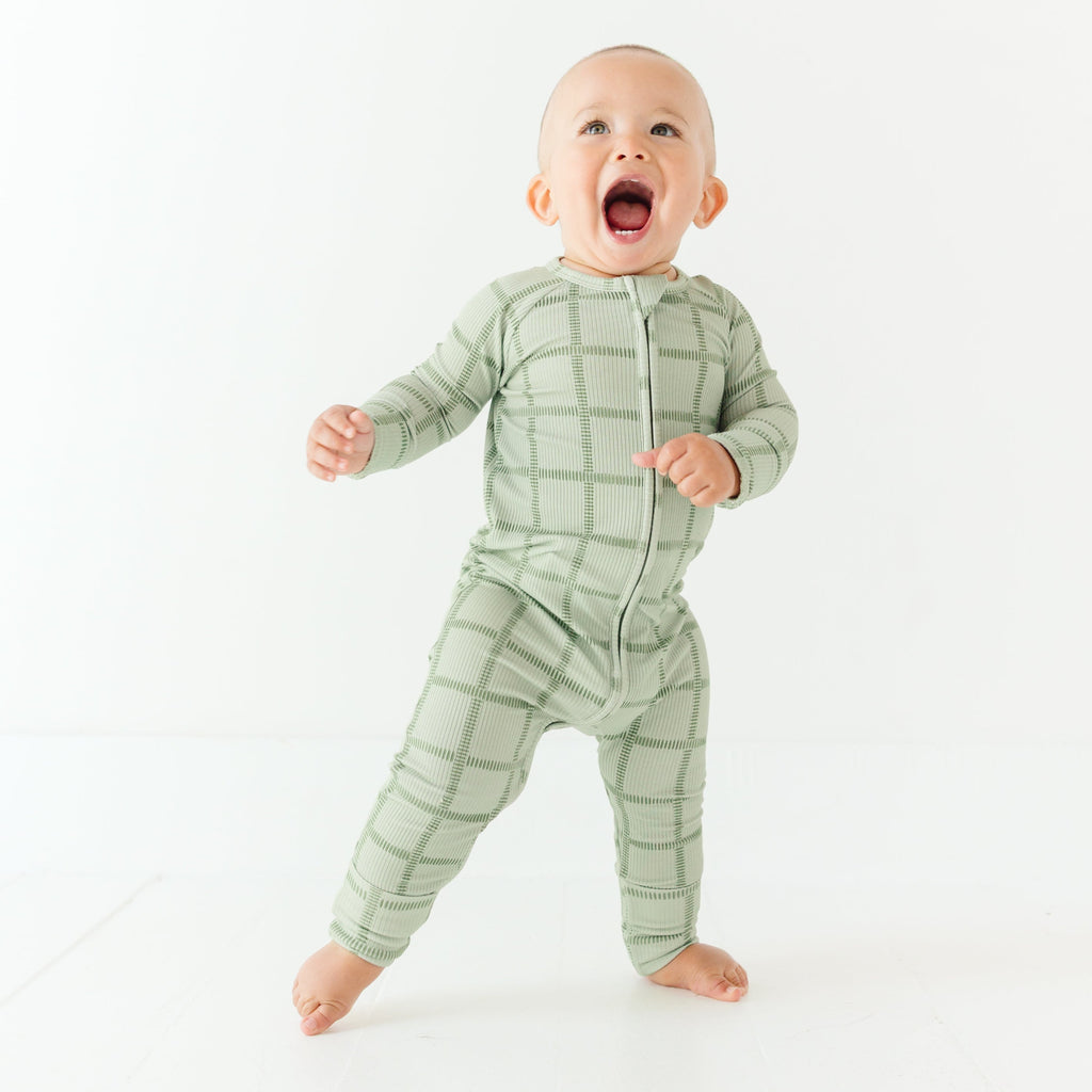 Grid Sage Green Small Ribbed Zip Romper