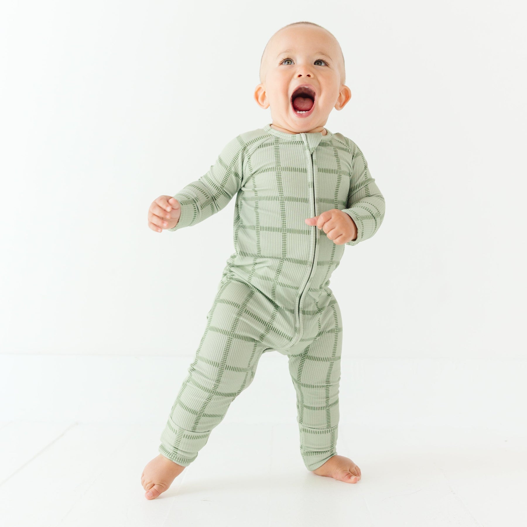 Grid Sage Green Small Ribbed Zip Romper