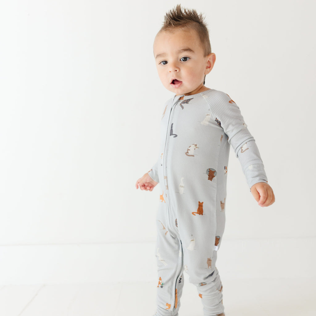 Cats Gray Small Ribbed Zip Romper