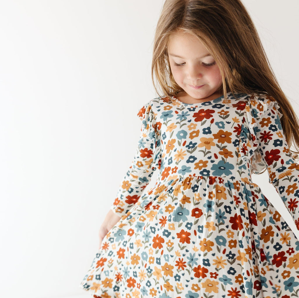 Autumn Meadow Small Ribbed Ruffle Long Sleeve Dress
