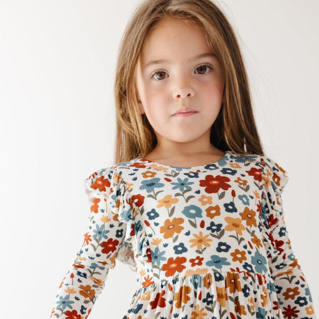 Autumn Meadow Small Ribbed Ruffle Long Sleeve Dress