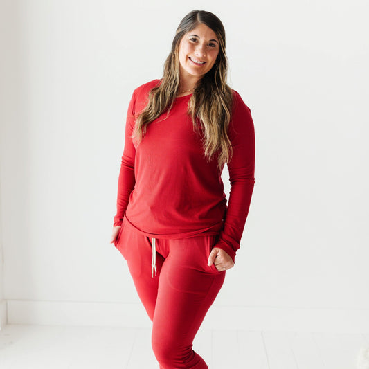 Berry Red Small Ribbed Women's Long Sleeve Top