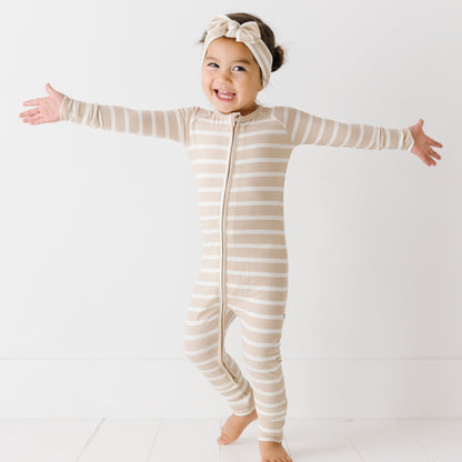 Tan Wide Stripe Small Ribbed Zip Romper