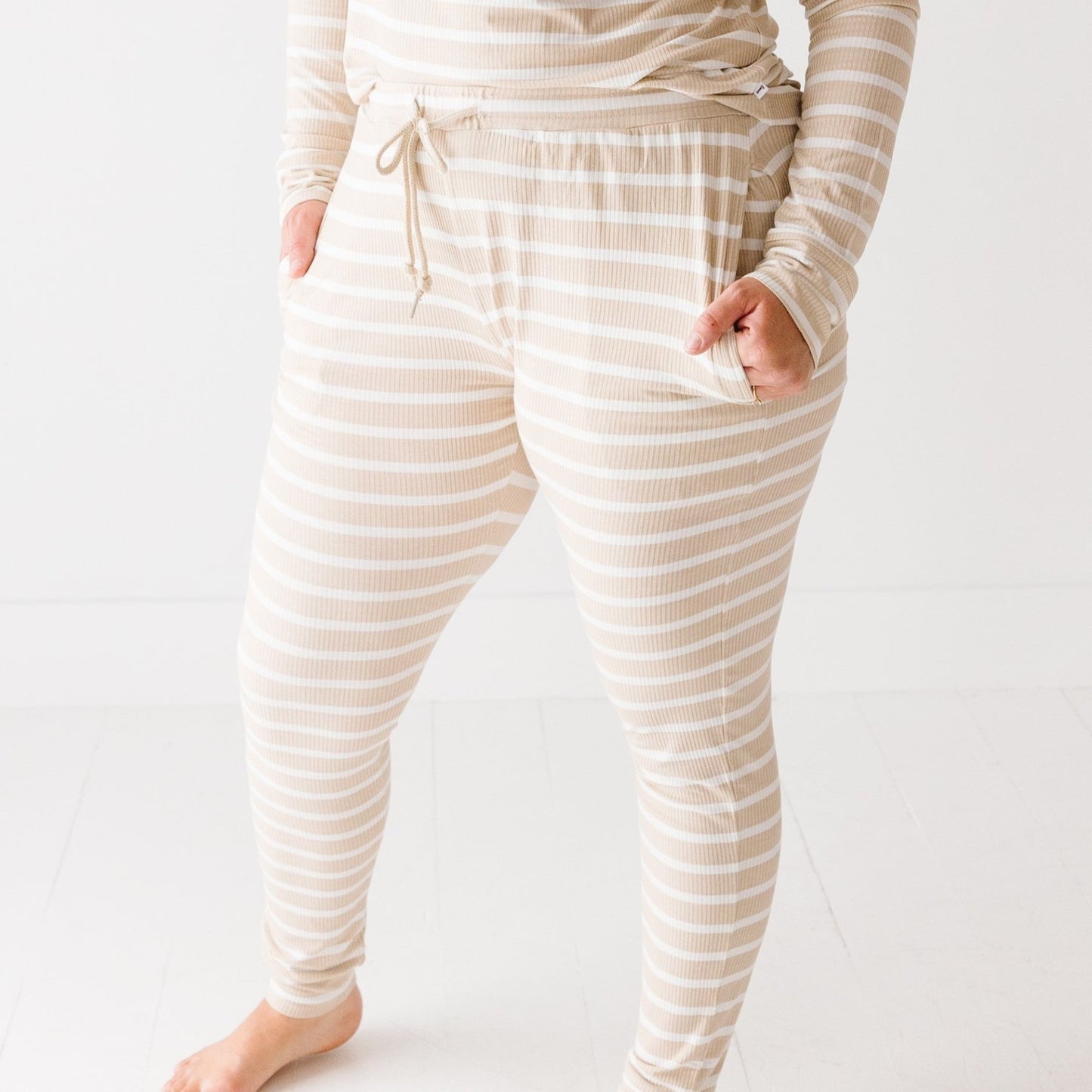 Tan Wide Stripe Small Ribbed Women's Matching Set