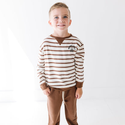 Cream and Pinecone Stripe Bamboo French Terry Pullover & Jogger Set