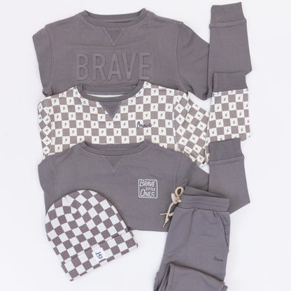 Checkered Lightning Bolt Dark Charcoal Bamboo French Terry Pullover