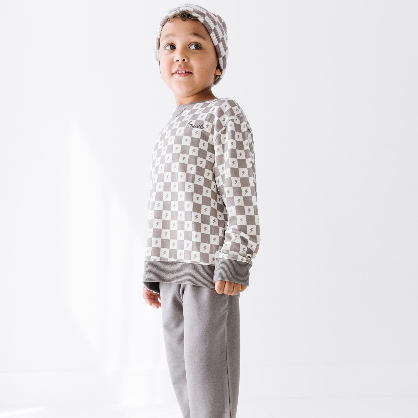 Checkered Lightning Bolt Dark Charcoal Bamboo French Terry Pullover