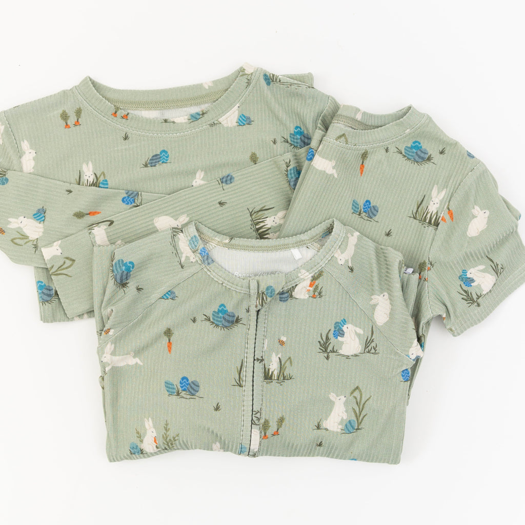 Sage Bunnies Small Ribbed Zip Romper