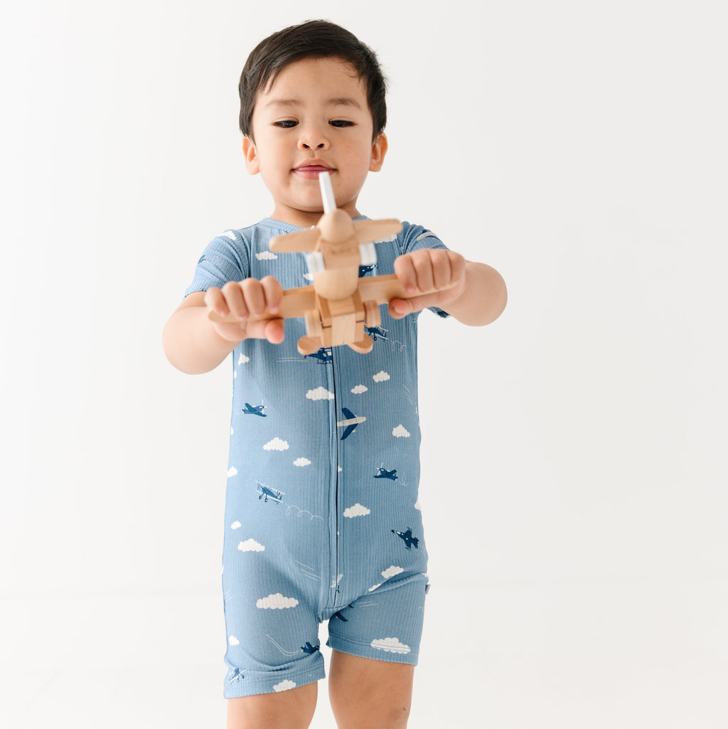 Take Flight Blue Small Ribbed Summer Zip Romper
