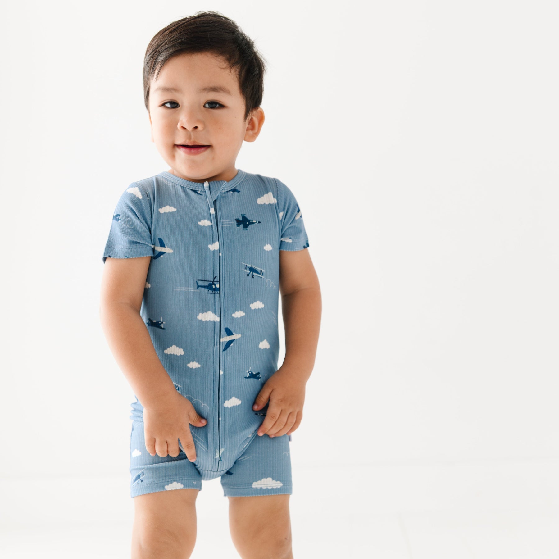 Take Flight Blue Small Ribbed Summer Zip Romper