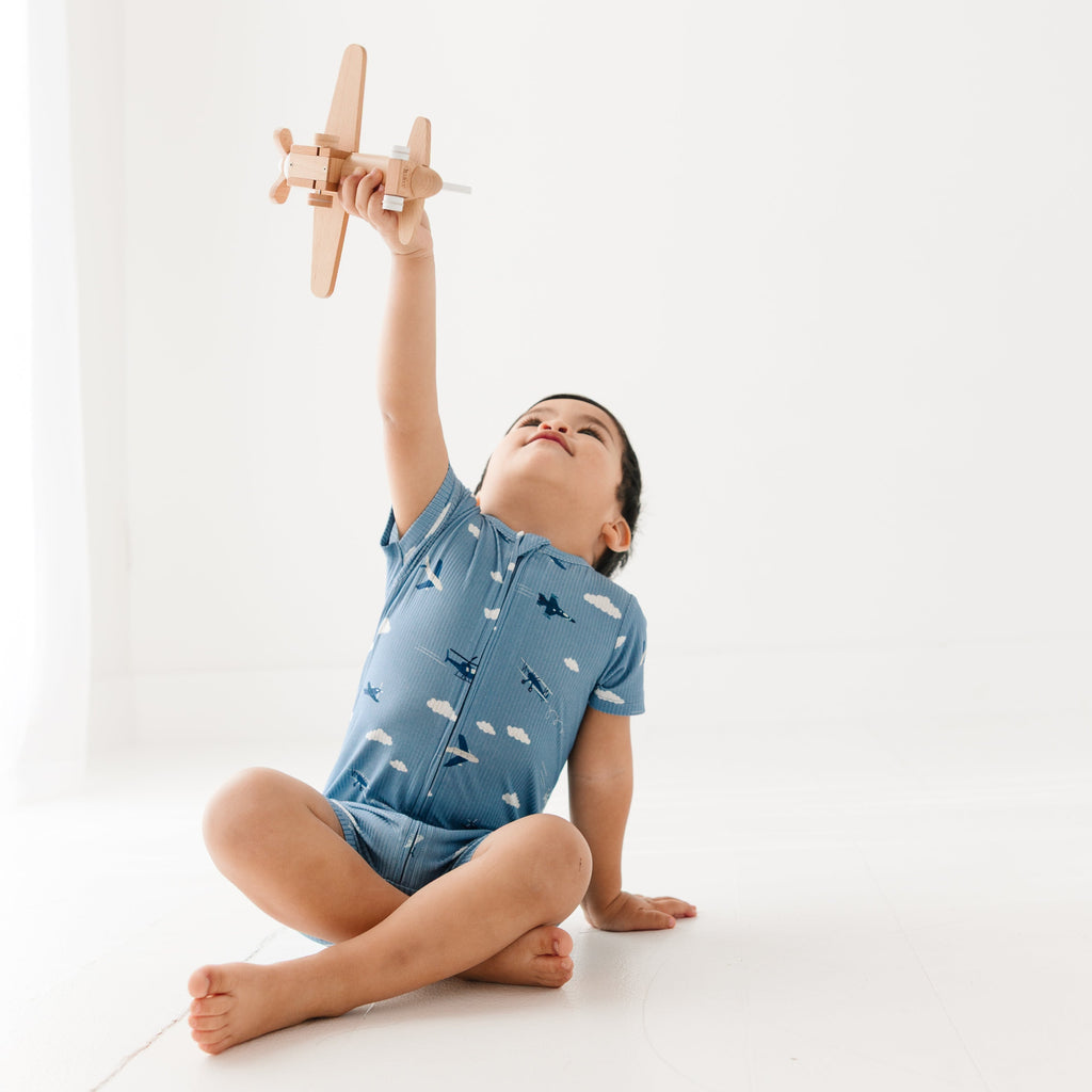 Take Flight Blue Small Ribbed Summer Zip Romper