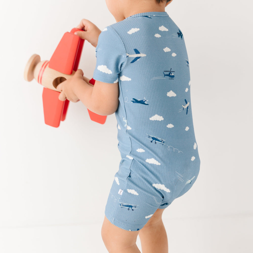 Take Flight Blue Small Ribbed Summer Zip Romper