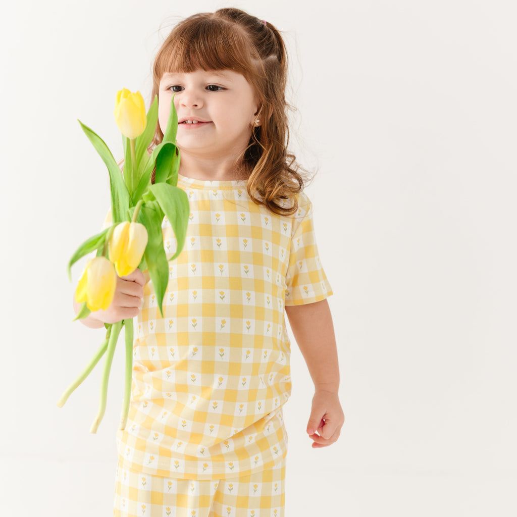 Yellow Gingham Tulip Shorts Two-Piece Set