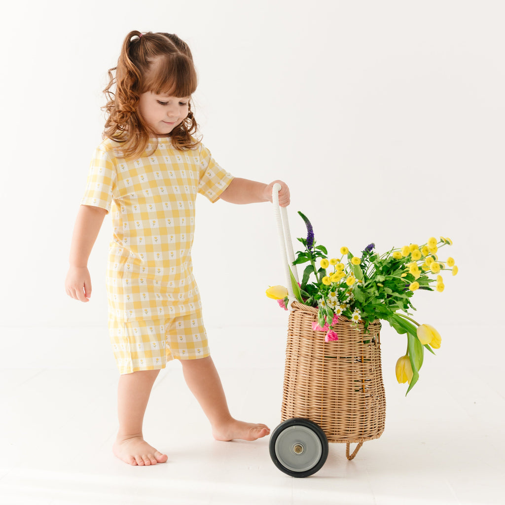 Yellow Gingham Tulip Shorts Two-Piece Set