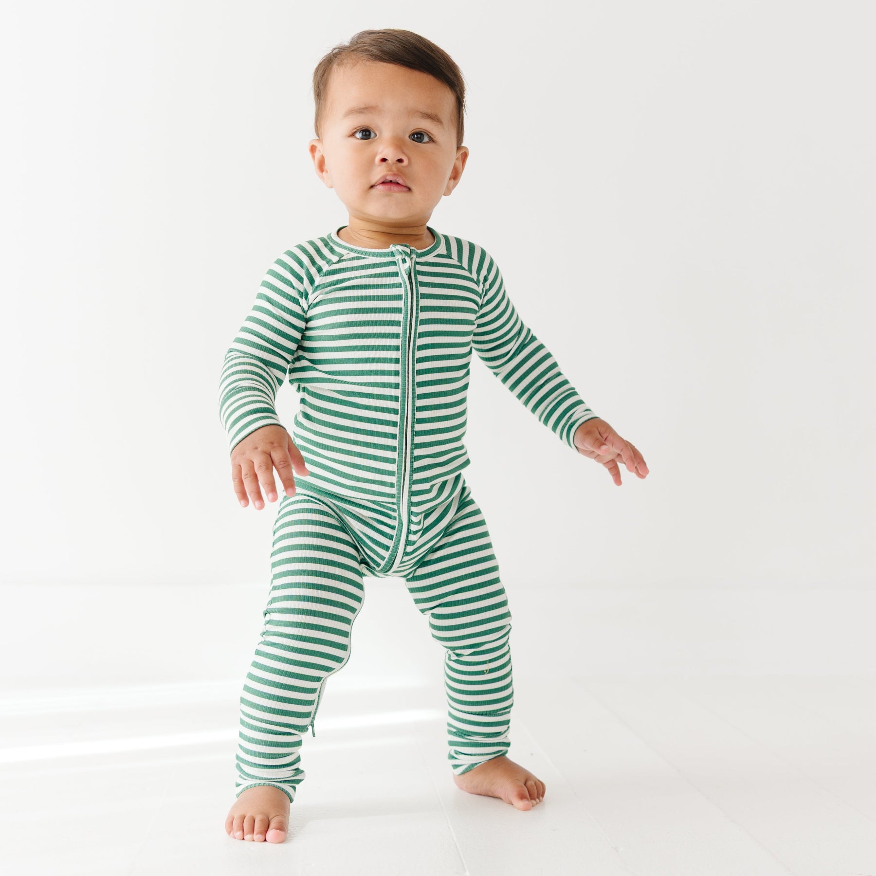 Eucalyptus Green Stripe Small Ribbed Zip Romper