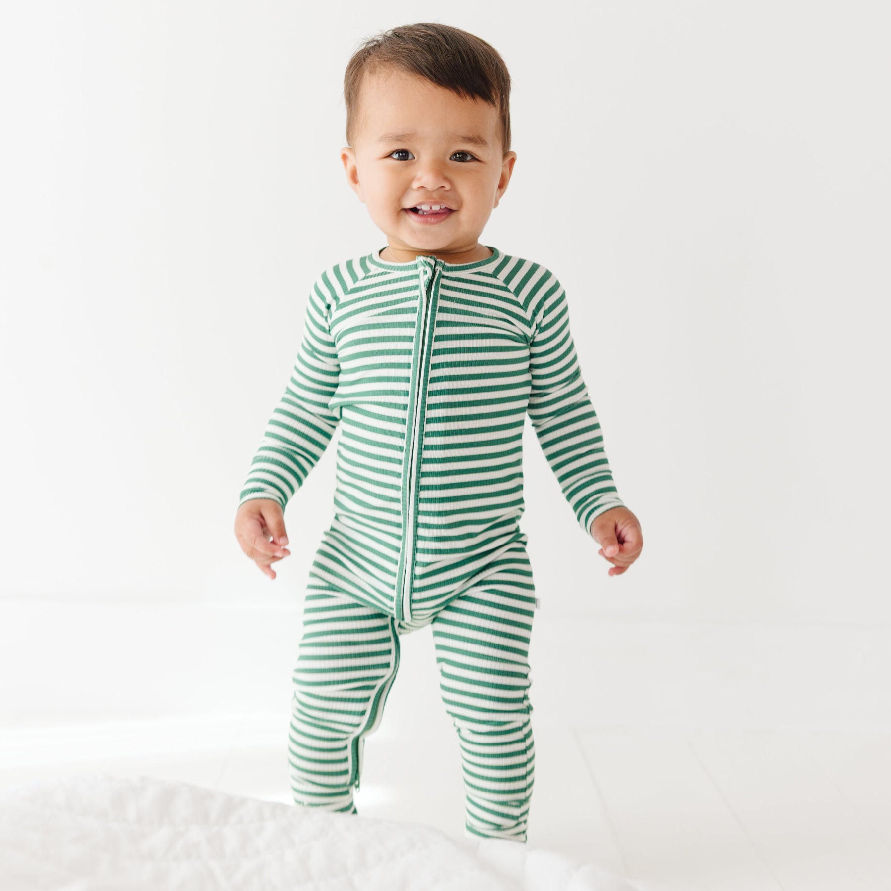 Eucalyptus Green Stripe Small Ribbed Zip Romper
