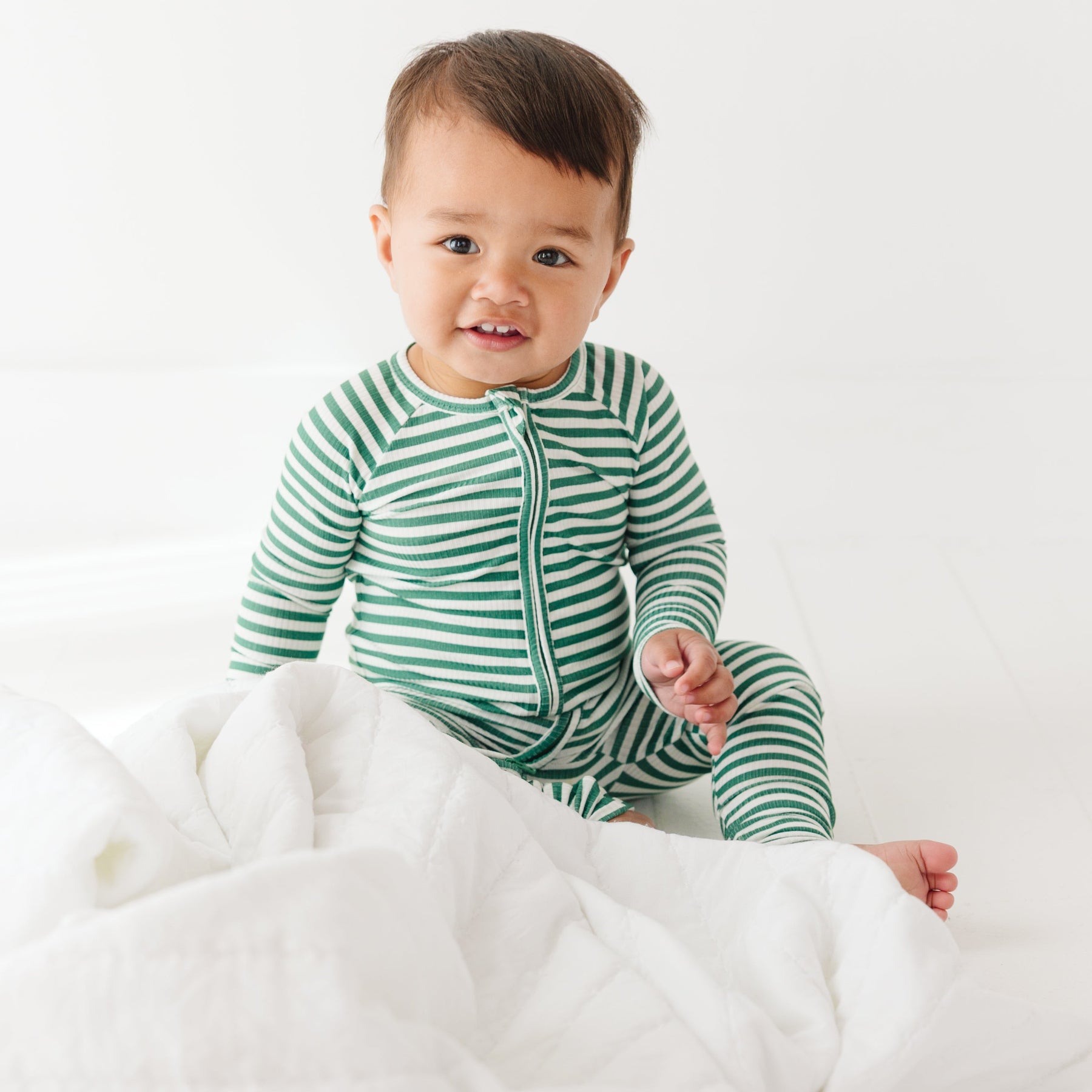 Eucalyptus Green Stripe Small Ribbed Zip Romper