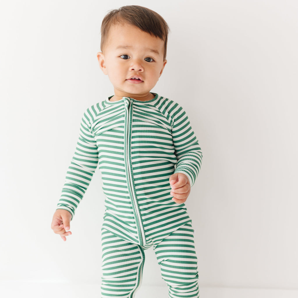 Eucalyptus Green Stripe Small Ribbed Zip Romper