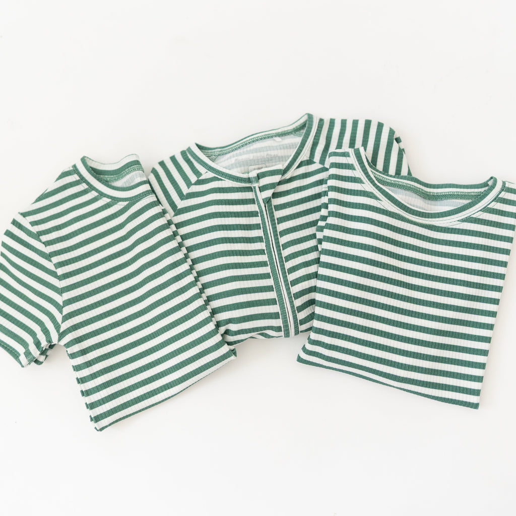 Eucalyptus Green Stripe Small Ribbed Shorts Two-Piece Set