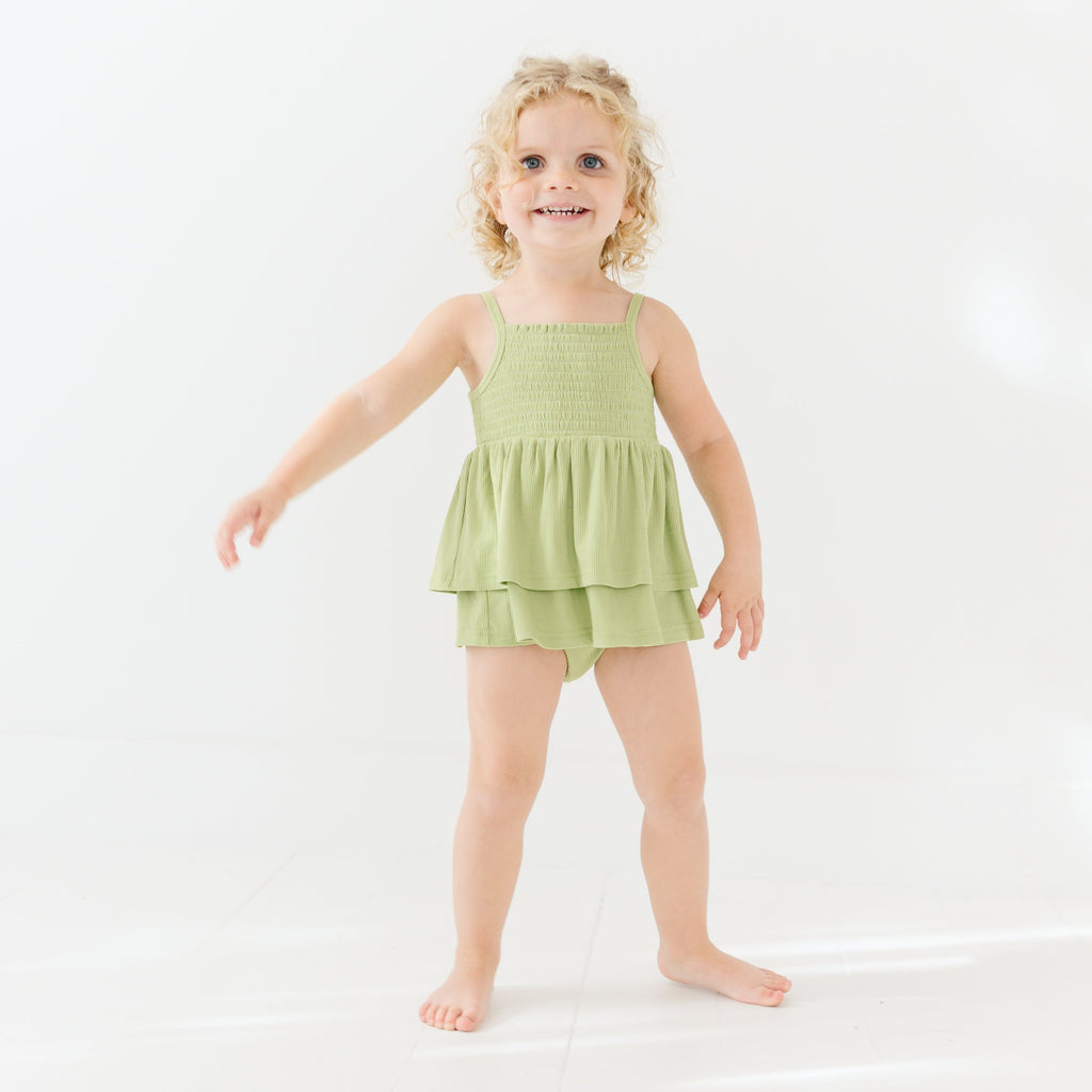 Tarragon Green Small Ribbed Ruffle Romper