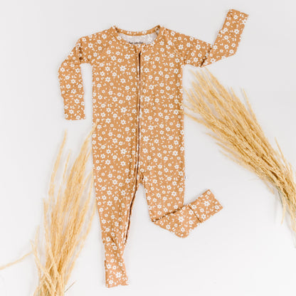 Camel Floral Zip Romper