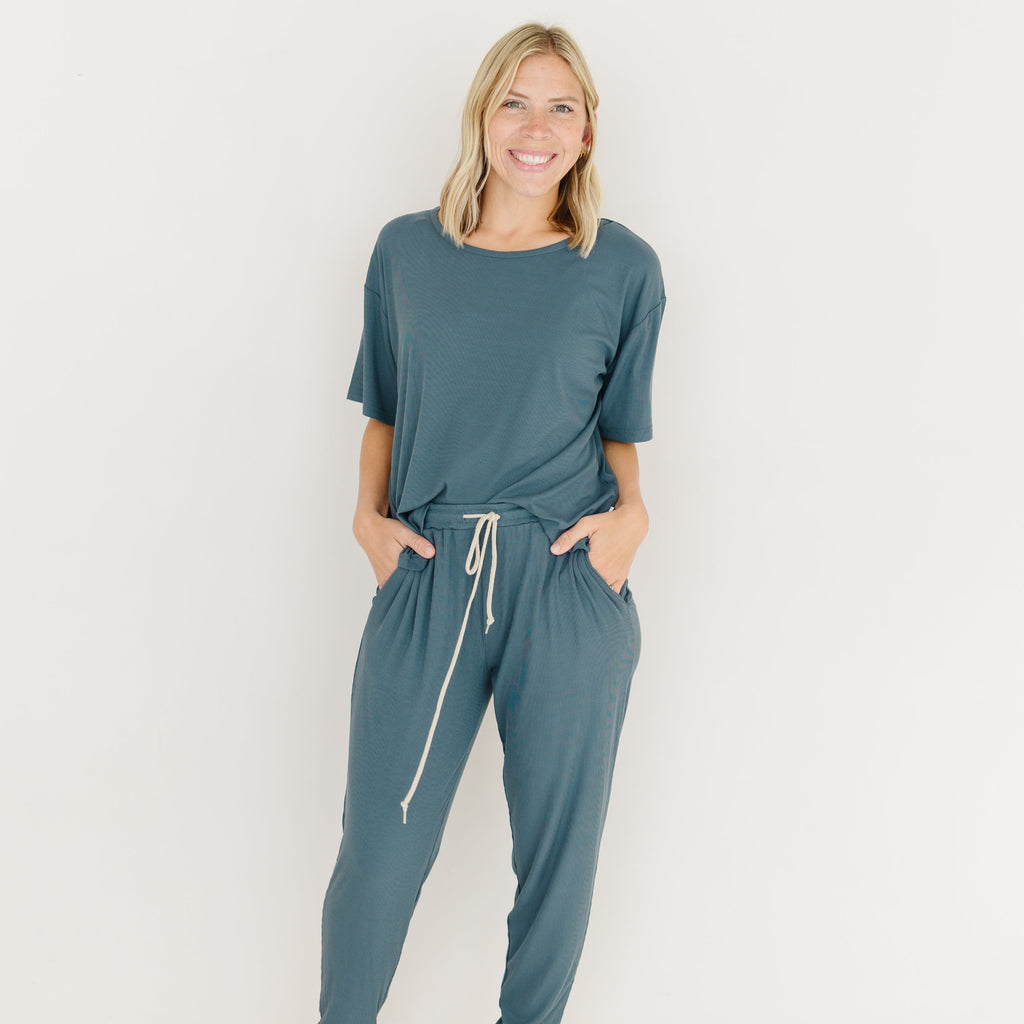 Dark Steel Blue Small Ribbed Women's Short Sleeve Top