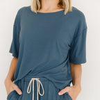 Dark Steel Blue Small Ribbed Women's Short Sleeve Top