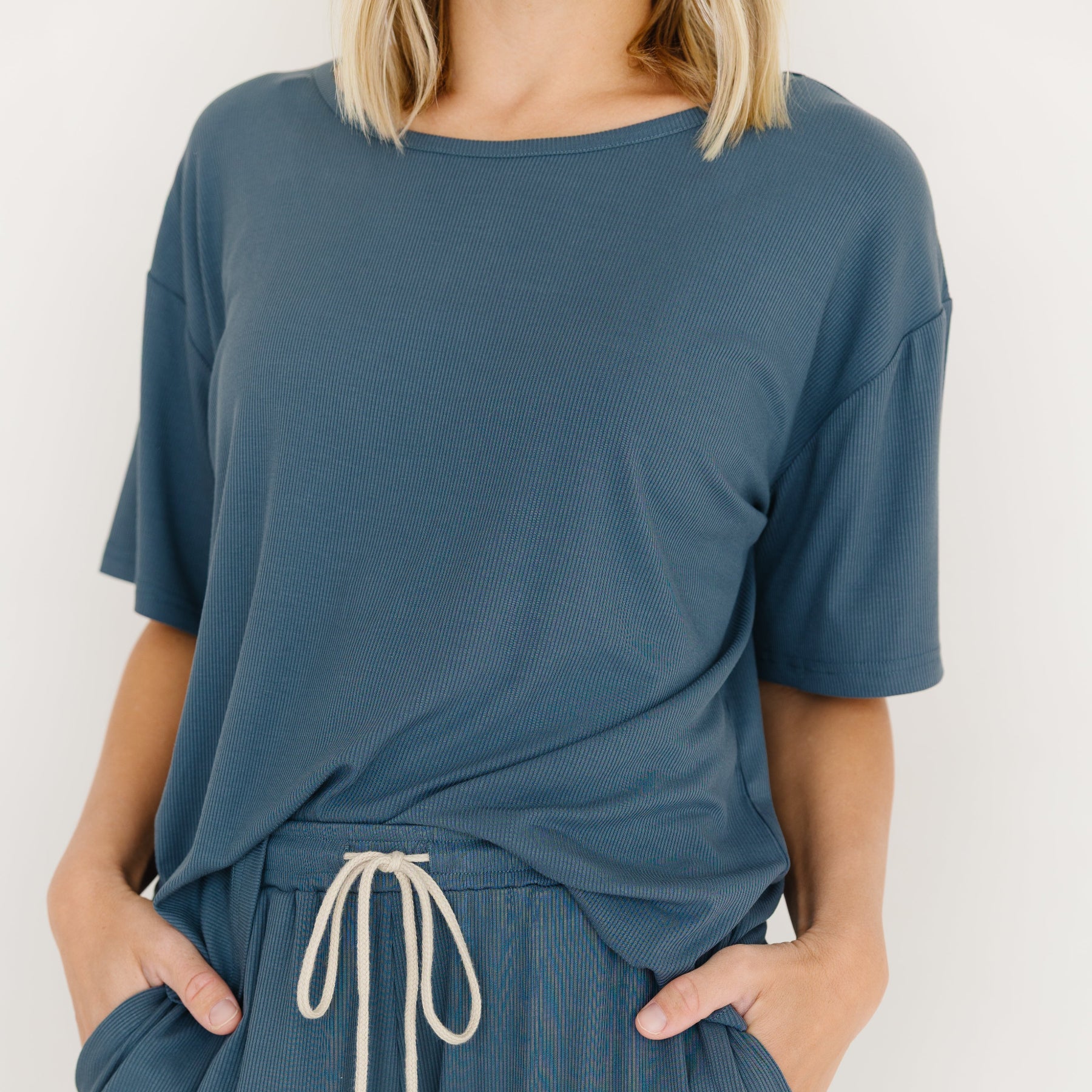 Dark Steel Blue Small Ribbed Women's Short Sleeve Top