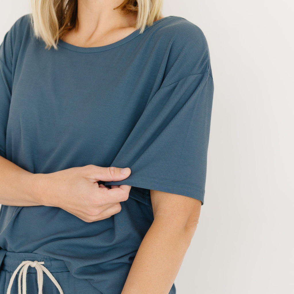 Dark Steel Blue Small Ribbed Women's Short Sleeve Top