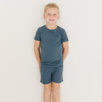 Dark Steel Blue Small Ribbed Shorts Two-Piece Set