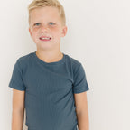 Dark Steel Blue Small Ribbed Shorts Two-Piece Set