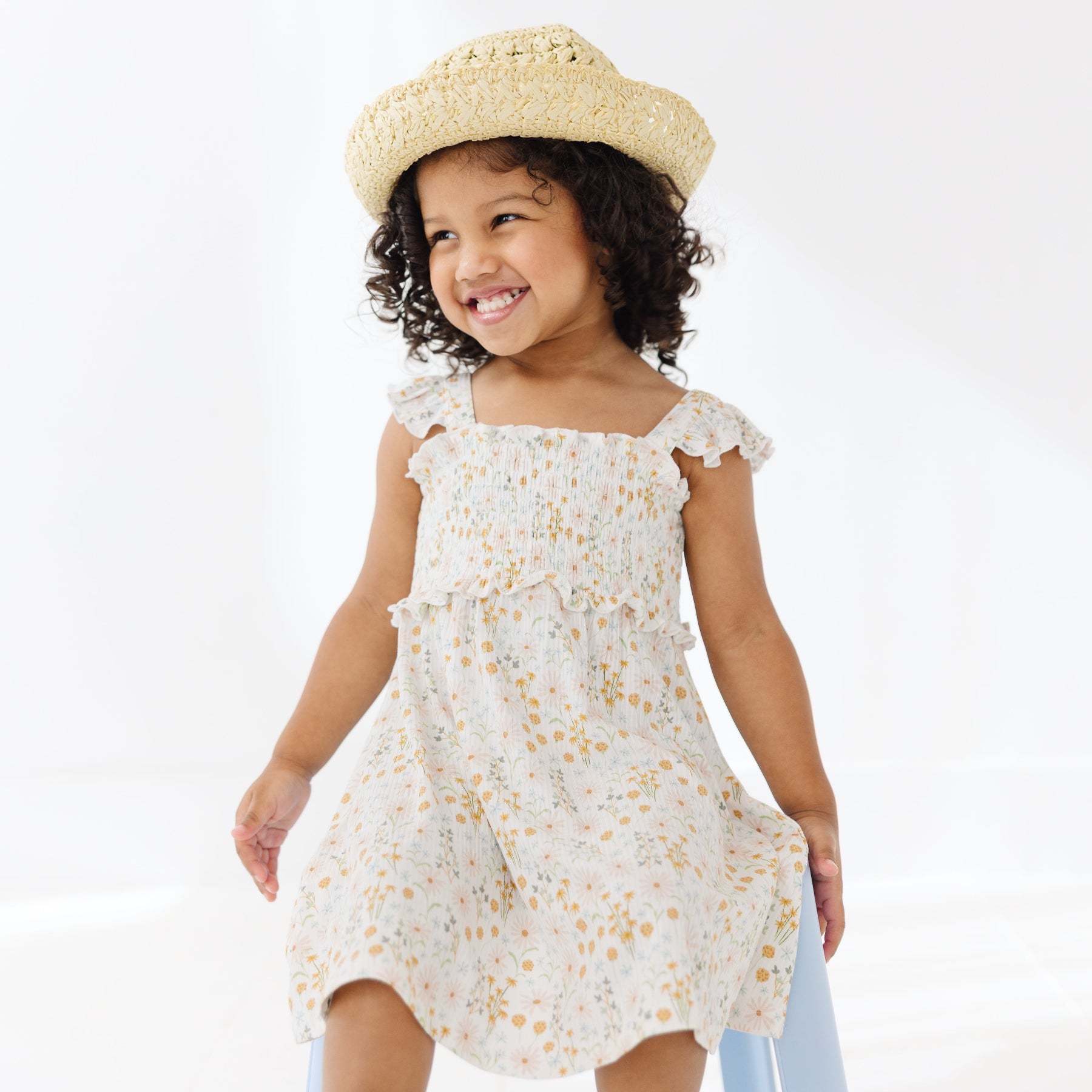 Whimsical Floral Small Ribbed Flutter Sleeve Dress