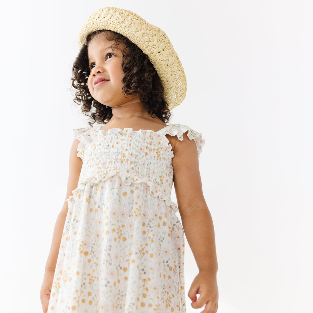 Whimsical Floral Small Ribbed Flutter Sleeve Dress