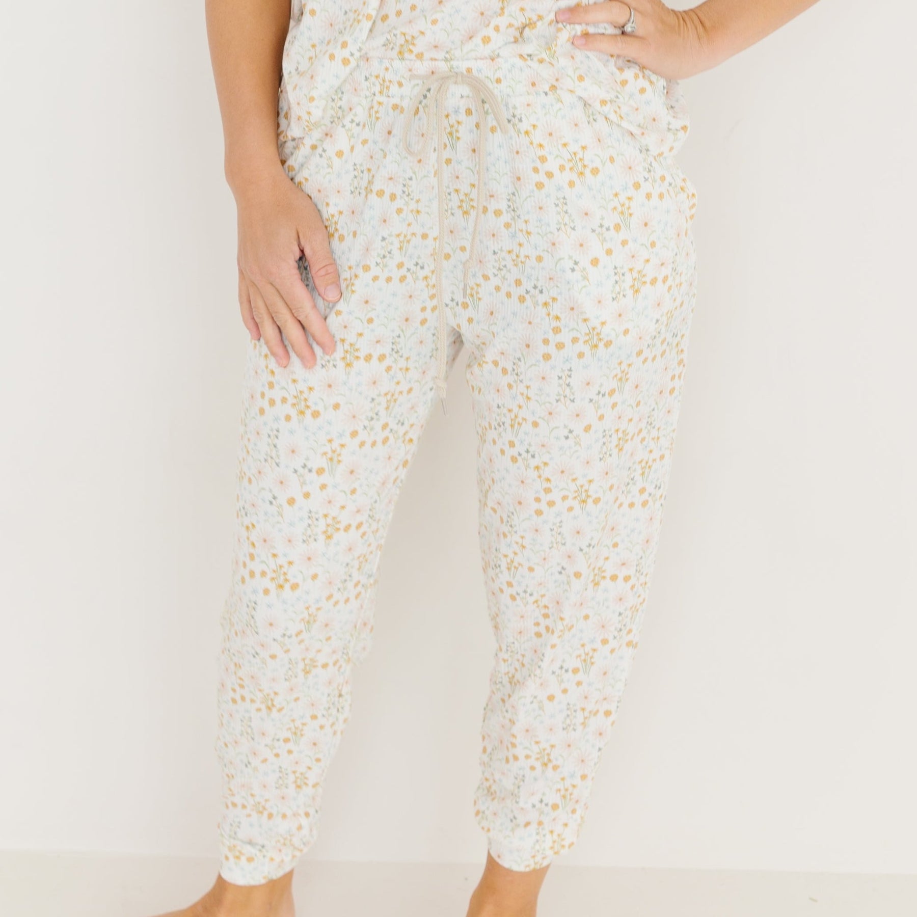 Whimsical Floral Small Ribbed Women's Short Sleeve & Pants Matching Set