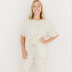 Whimsical Floral Small Ribbed Women's Short Sleeve & Pants Matching Set