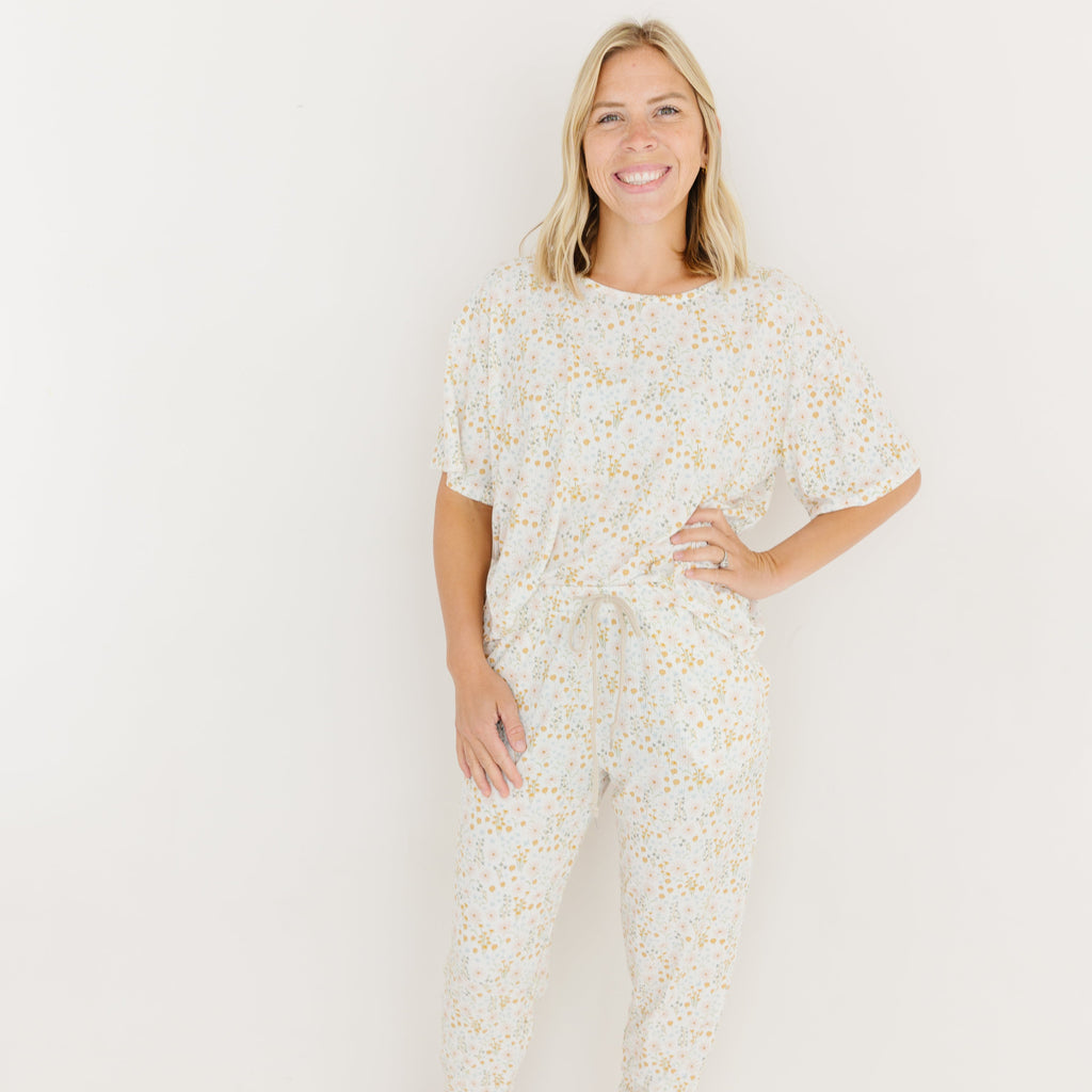 Whimsical Floral Small Ribbed Women's Pants