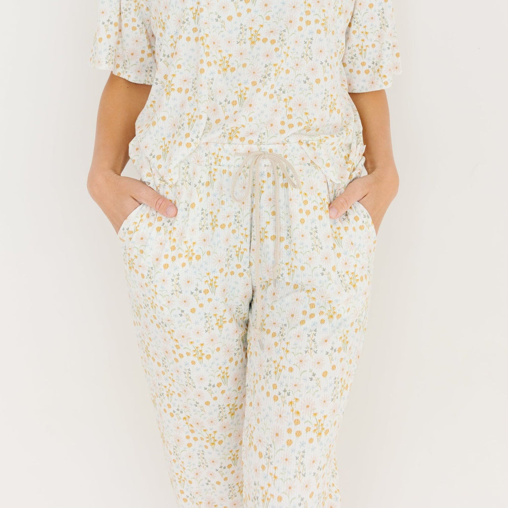 Whimsical Floral Small Ribbed Women's Short Sleeve & Pants Matching Set