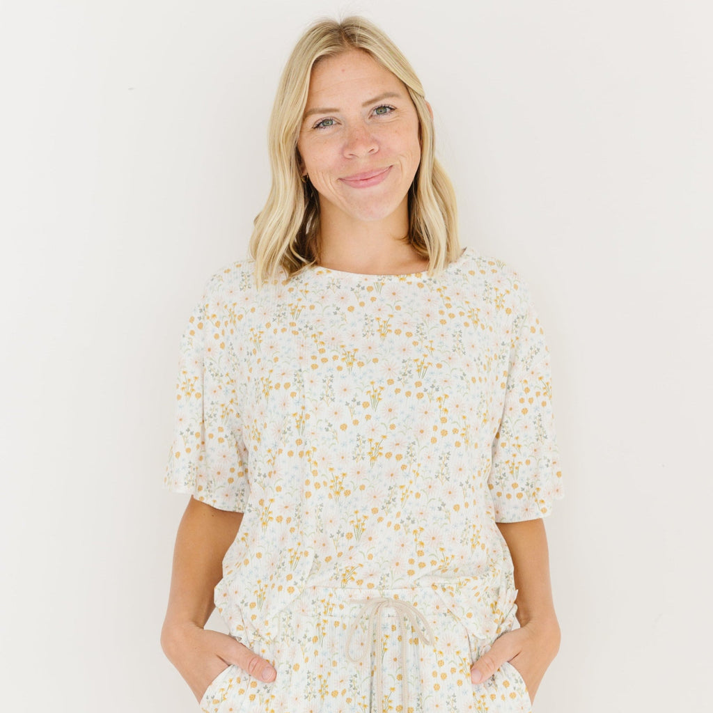 Whimsical Floral Small Ribbed Women's Short Sleeve Top